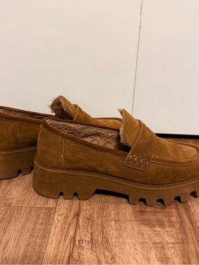 Zara Tan Suede Loafers with Shearling Lining